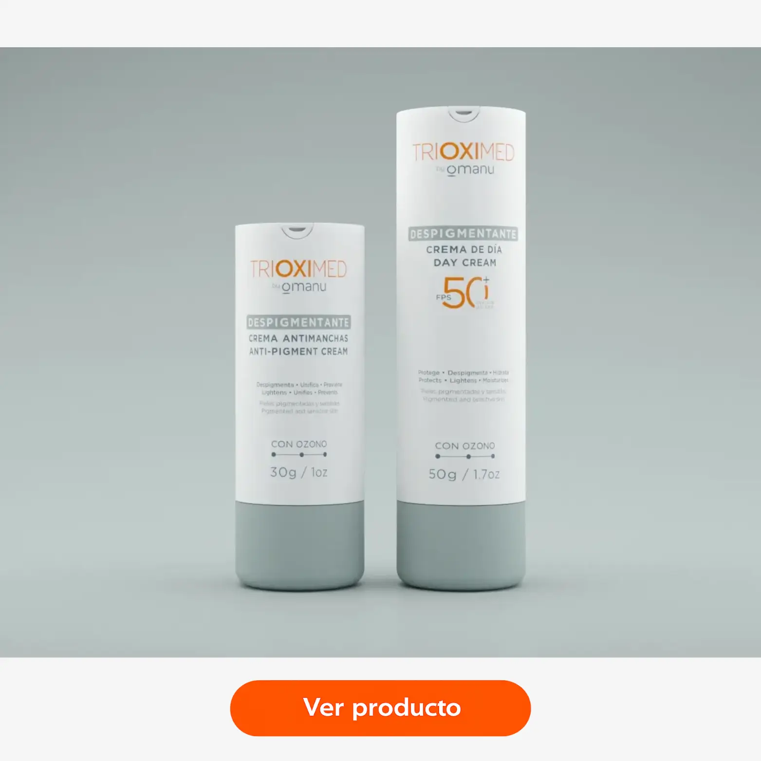 Crema Antimanchas y Crema Despigmentante de Día Trioximed con ozono para ayudar a disminuir manchas, unificar el tono de la piel y brindar protección FPS 50+.